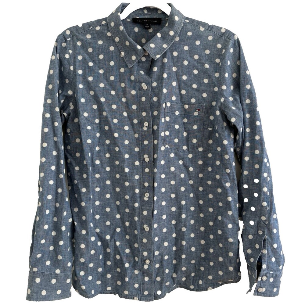 Tommy Hilfiger Shirt Womens Medium Chambray Polka Dot Roll-Tab Sleeve Cotton